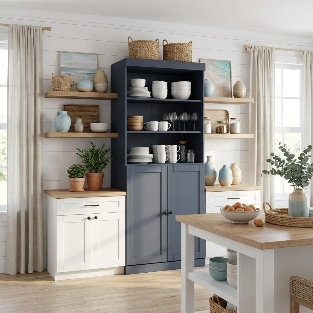 72" French Blue Solid Wood Four Door Two Drawer Pantry Or Storage Closet