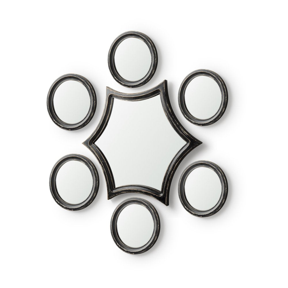Set of Seven Black Wood Geometric Framed Accent Mirrors