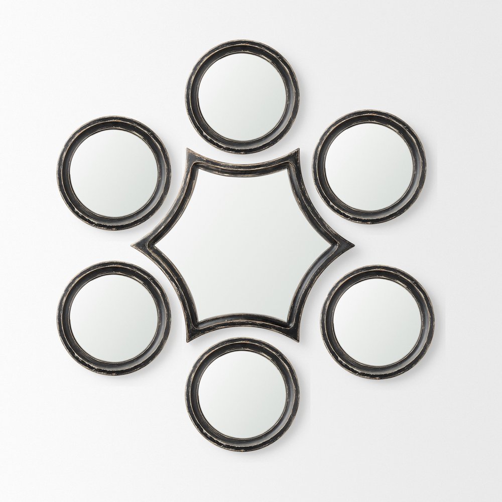 Set of Seven Black Wood Geometric Framed Accent Mirrors