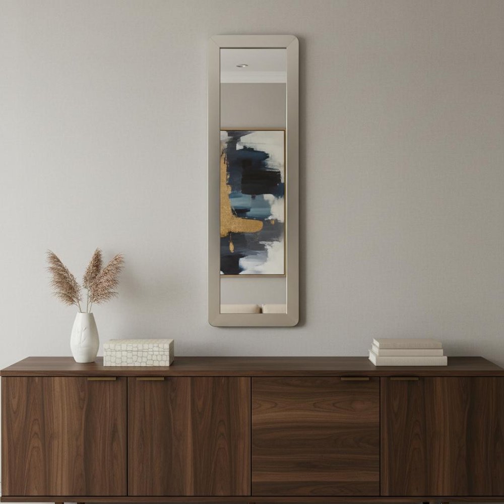 83" Silver And Gray Stainless Steel Wall Mounted And Leaning Framed Accent Mirror
