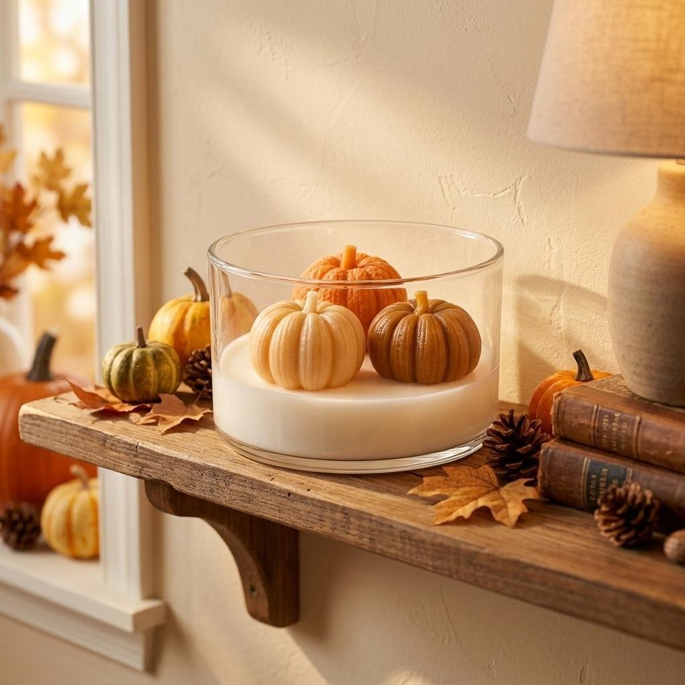 4" Brown Orange And White Latte And Pumpkin Scented Mini Pumpkin Candles In Clear Glass Jar
