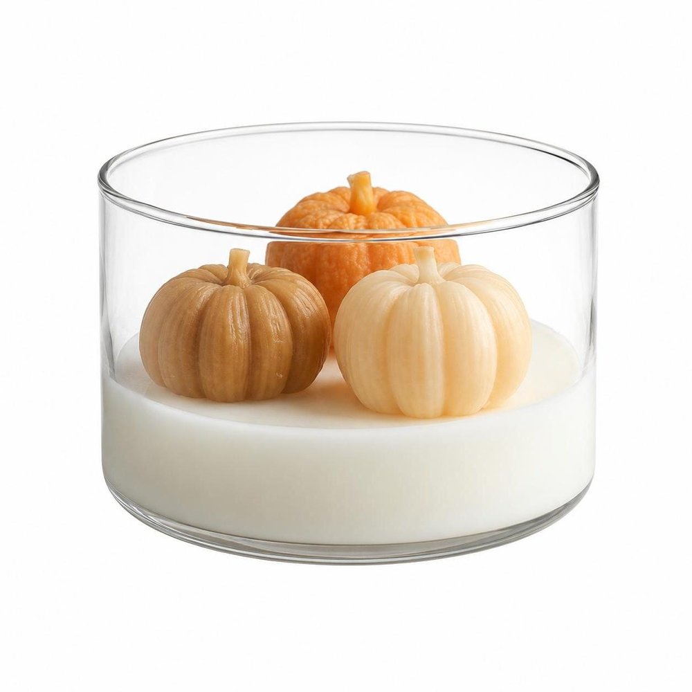 4" Brown Orange And White Unscented Mini Pumpkin Candles In Clear Glass Jar