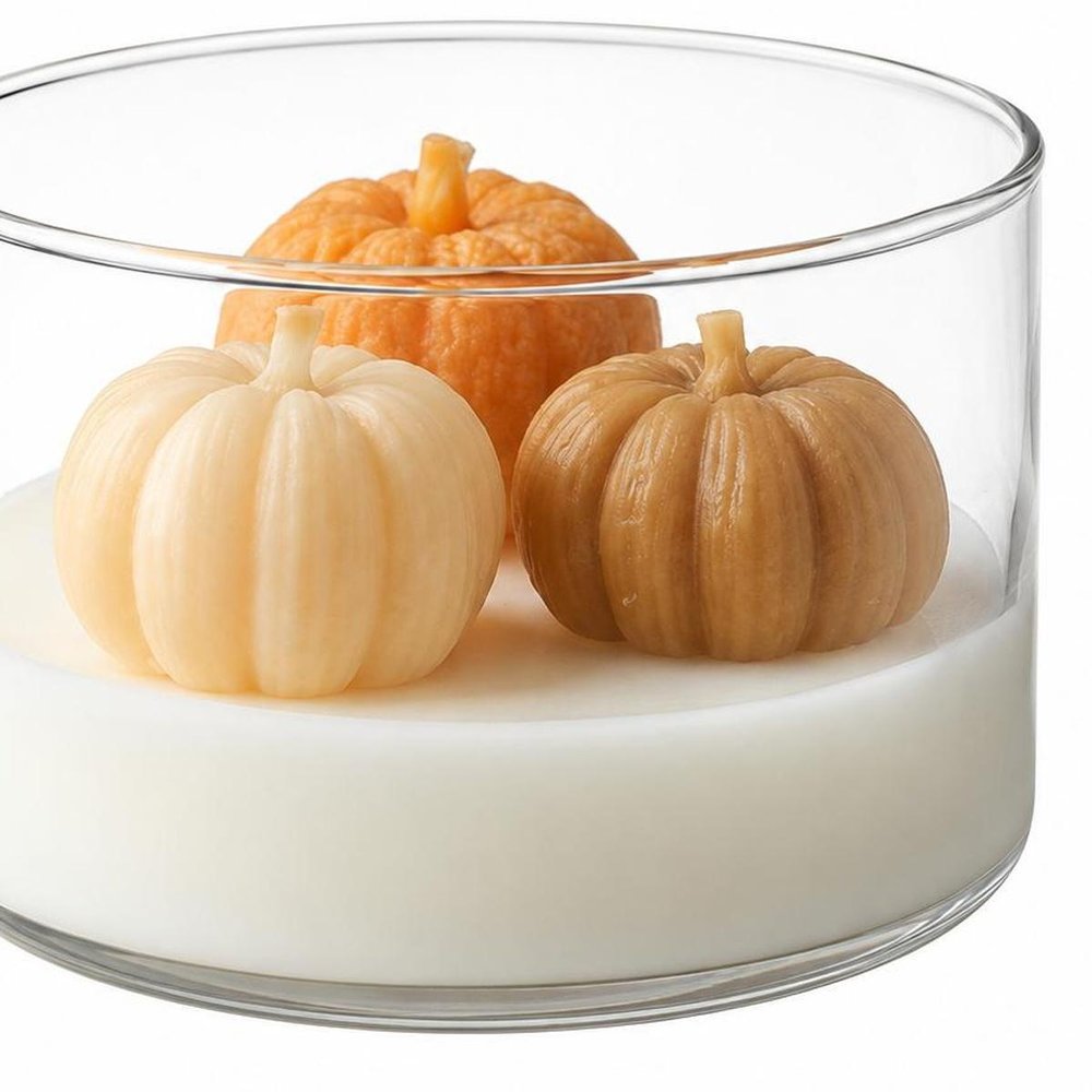 4" Brown Orange And White Unscented Mini Pumpkin Candles In Clear Glass Jar