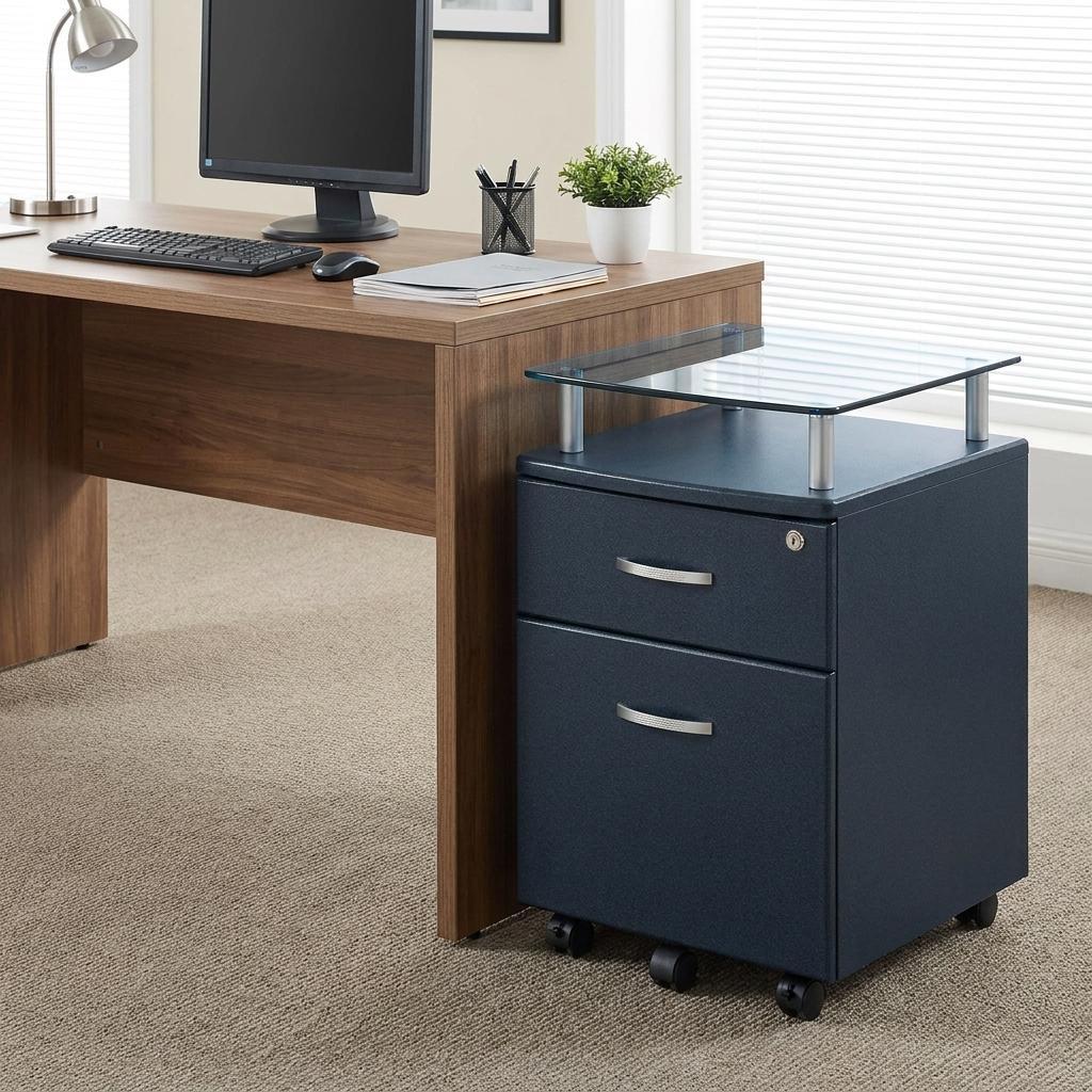 Graphite Glass Wood And Metal Two Drawer Rolling Filing Cabinet