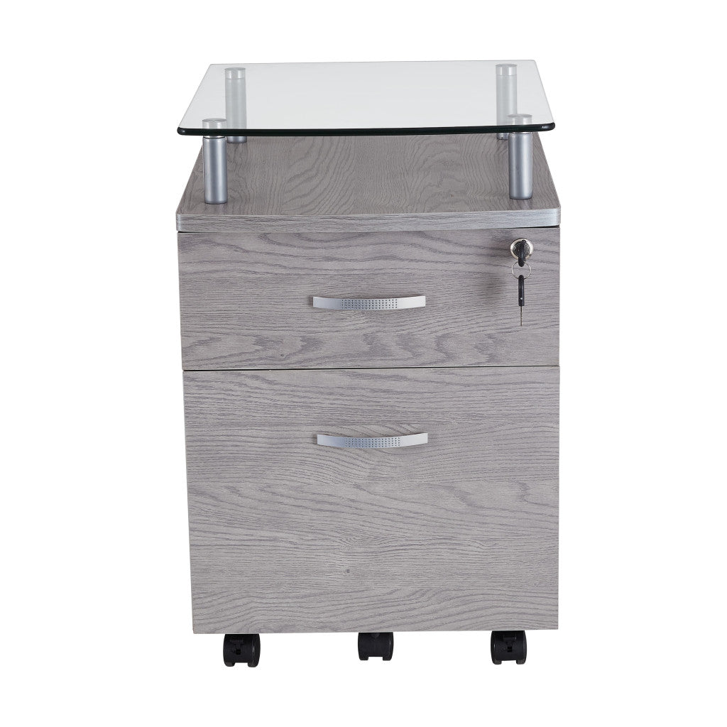 Gray Glass And Metal Two Drawer Rolling Filing Cabinet