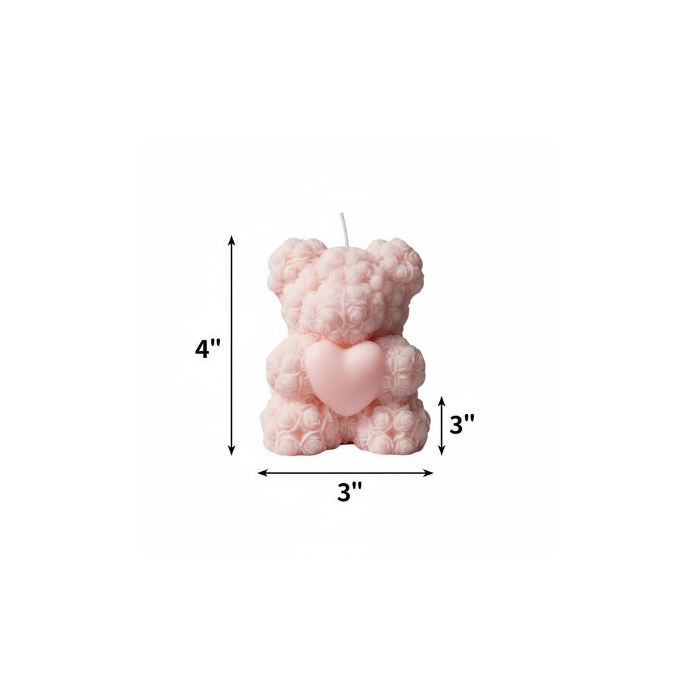 4" Pink Rose Petals Scented Dimensional Teddy Bear Candle