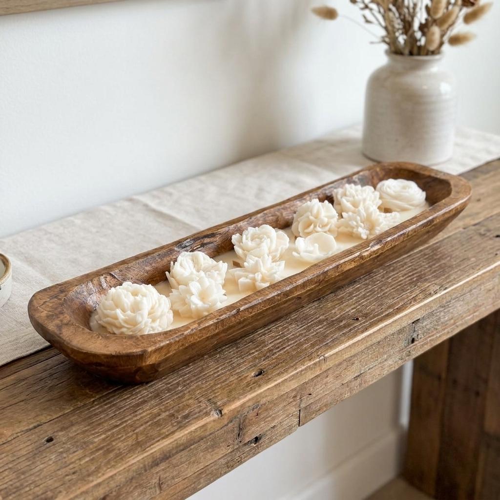 20" Ivory Ocean Breeze Scented Six Wick Candle In Brown Distressed Wood Oval Dough Bowl