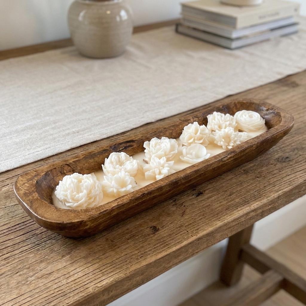 20" Ivory High Tide Scented Six Wick Candle In Brown Distressed Wood Oval Dough Bowl