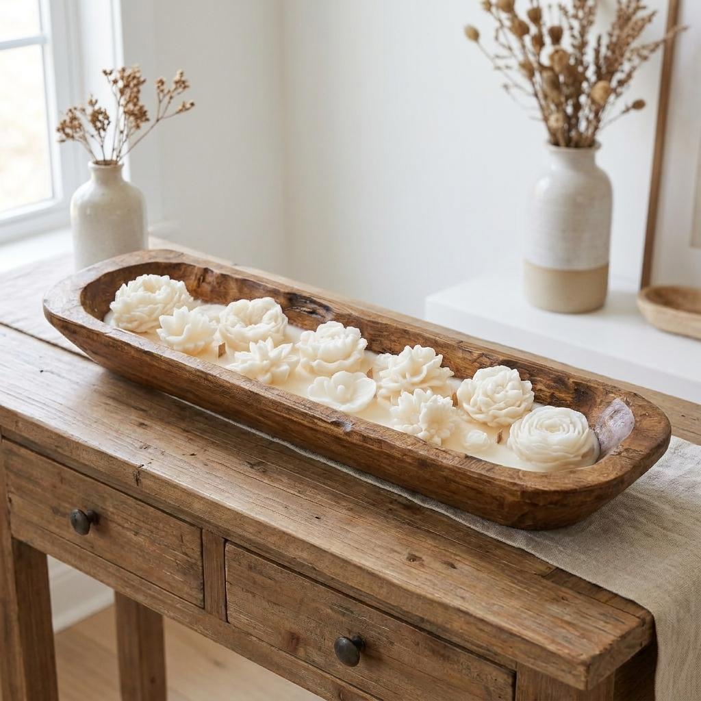 20" Ivory Mango And Gardenia Scented Six Wick Candle In Brown Distressed Wood Oval Dough Bowl