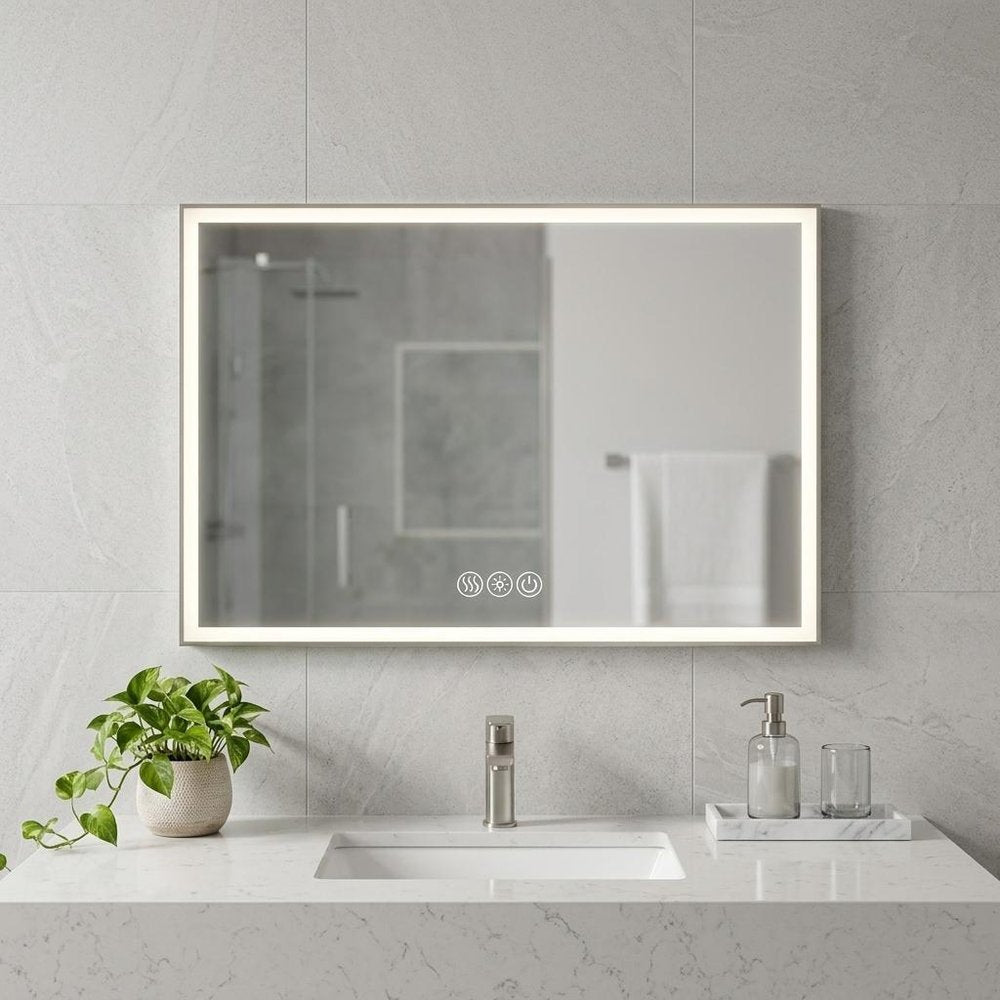 32" Silver Aluminum Lighted Framed Anti Fog Bathroom Vanity Mirror