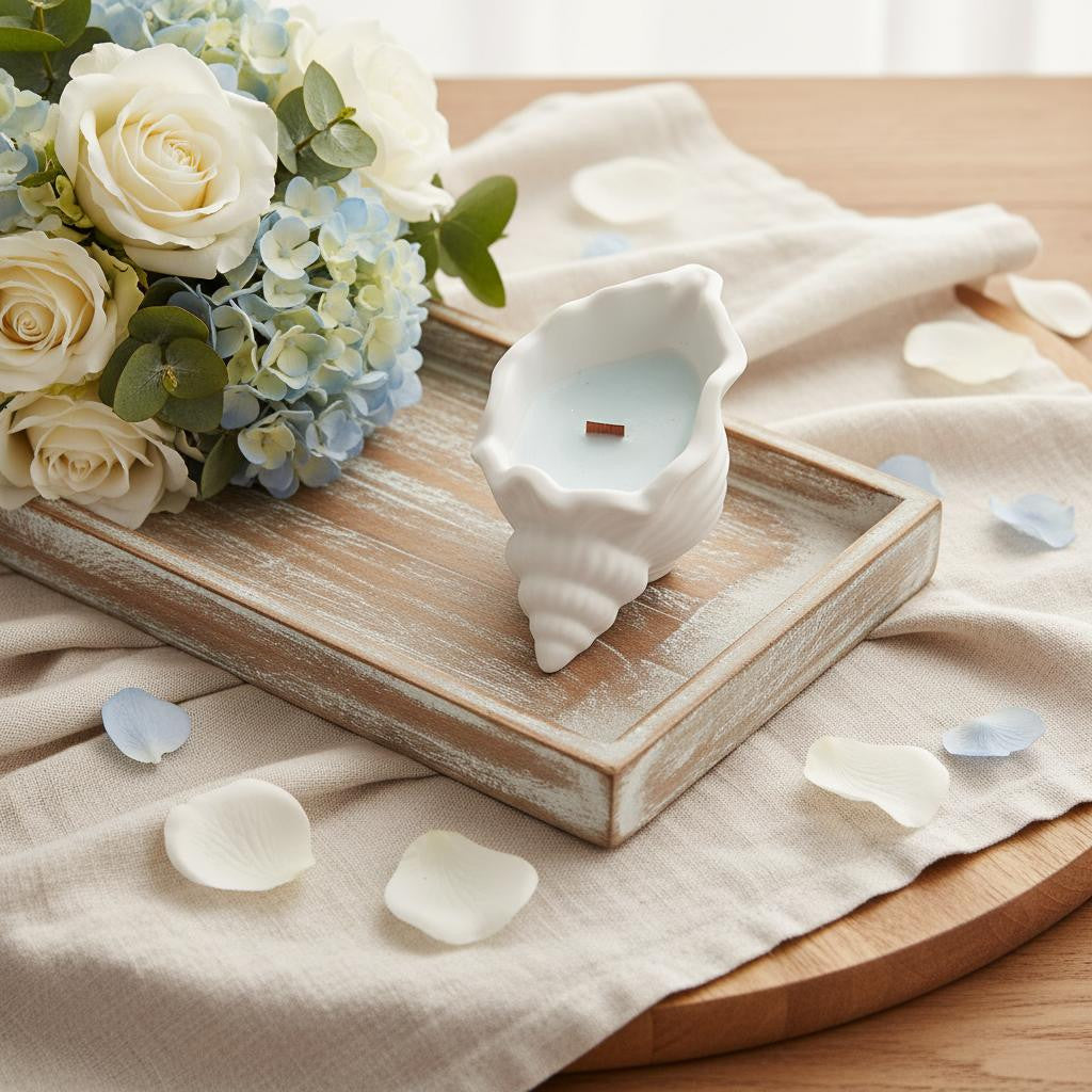 6" Light Blue Ocean Breeze Scented Soy Wax Candle In White Resin Novelty Holder