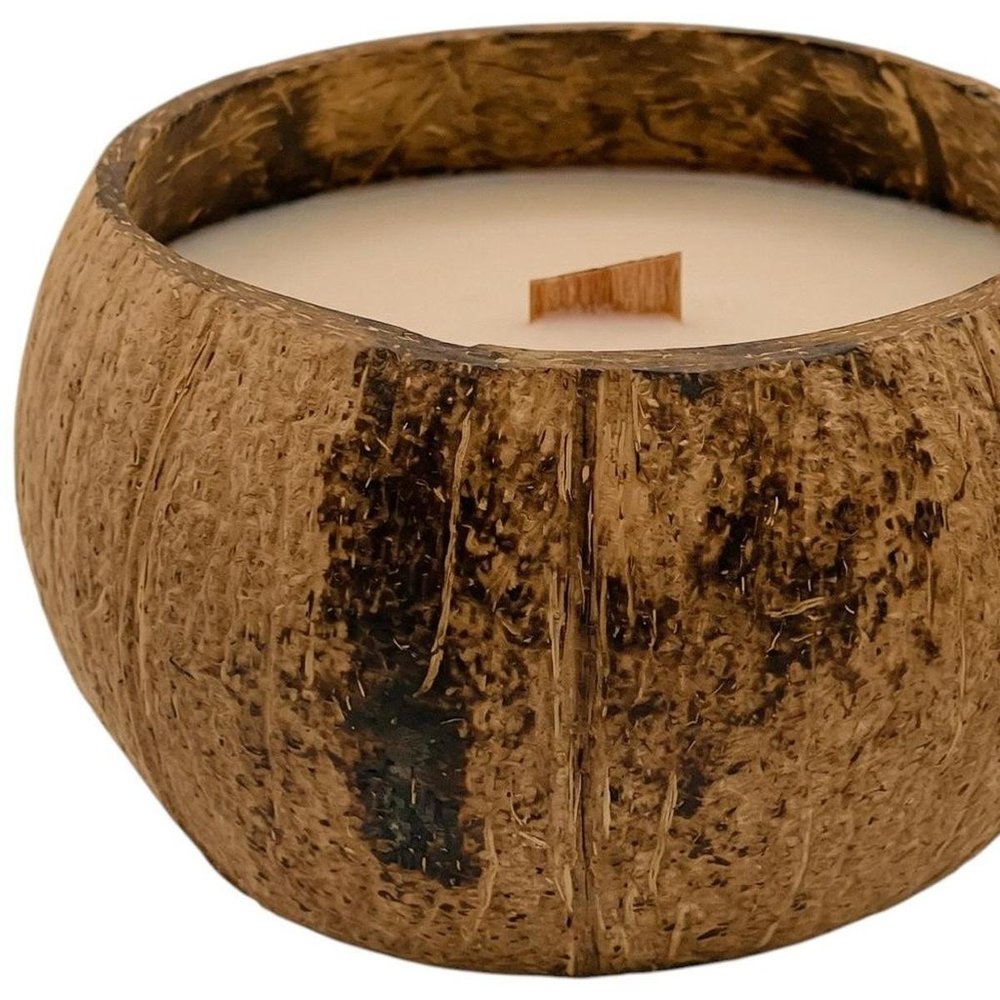 4" Ivory Unscented Candle In Brown Coconut Shell Holder