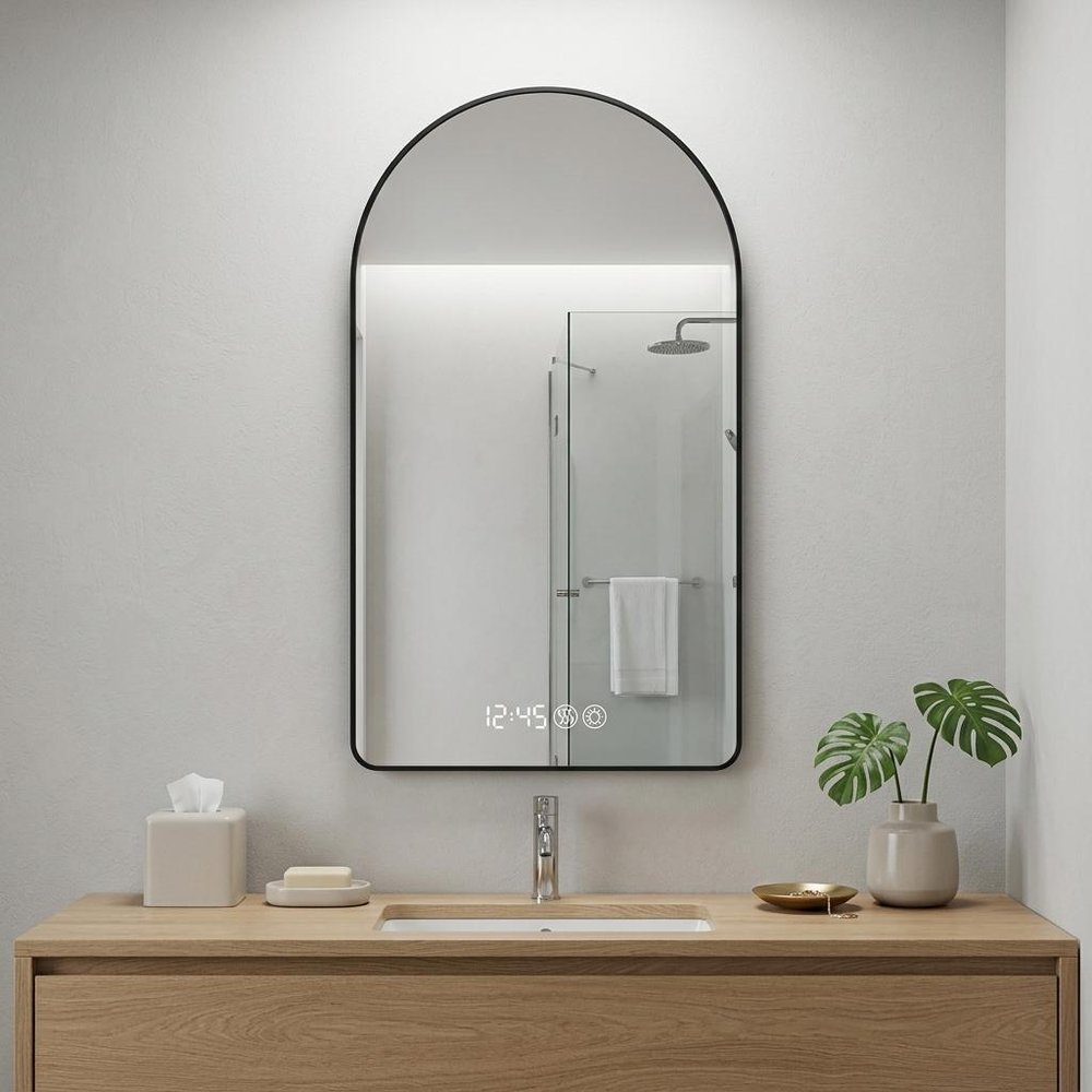 48" Black Aluminum Arch Lighted Framed Anti Fog Bathroom Vanity Mirror