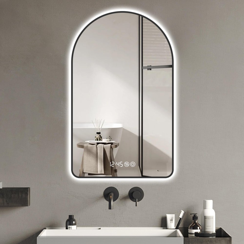 59" Black Aluminum Arch Lighted Framed Anti Fog Bathroom Vanity Mirror