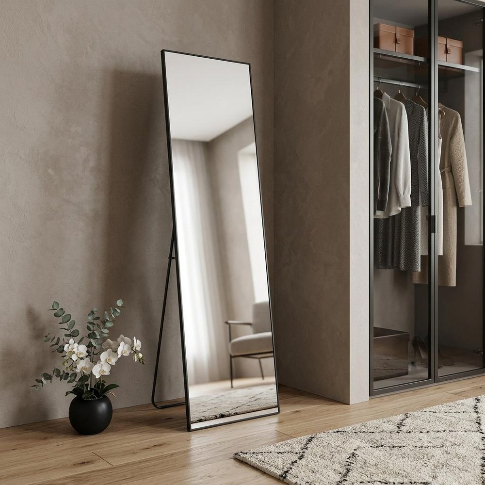59" Black Aluminum Freestanding And Wall Mounted Framed Full Length Mirror