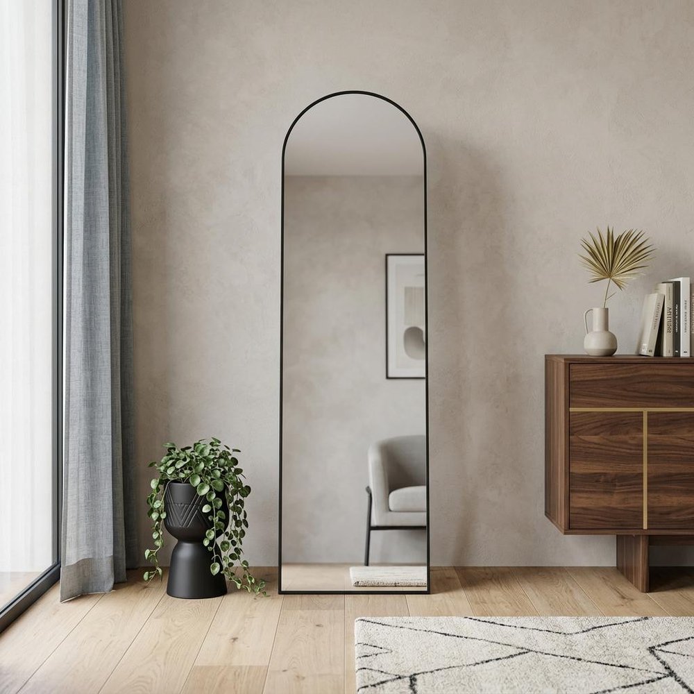 64" Black Aluminum Arch Freestanding And Wall Mounted Framed Full Length Mirror