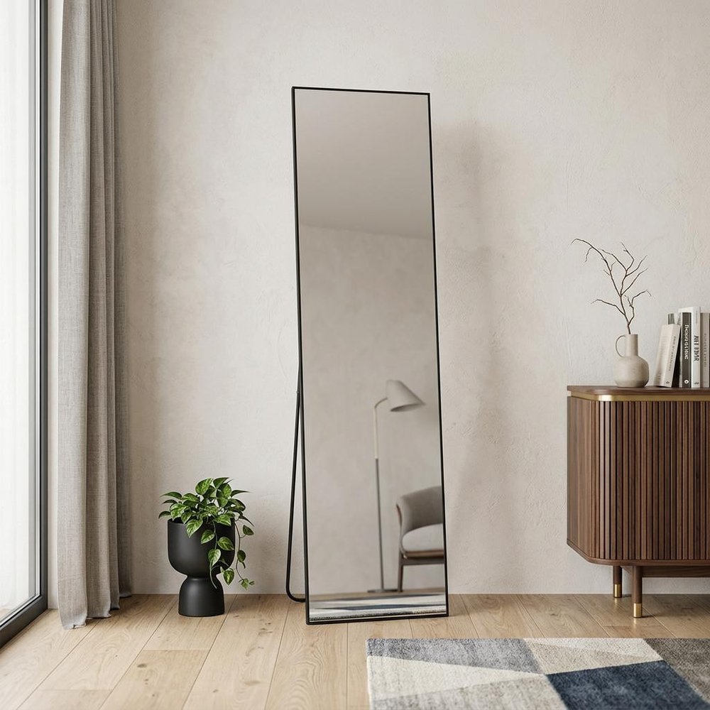 64" Black Aluminum Freestanding And Wall Mounted Framed Full Length Mirror