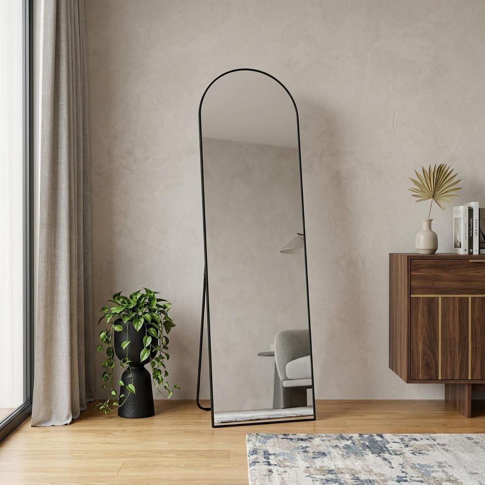 64" Black Aluminum Arch Freestanding And Wall Mounted Framed Full Length Mirror