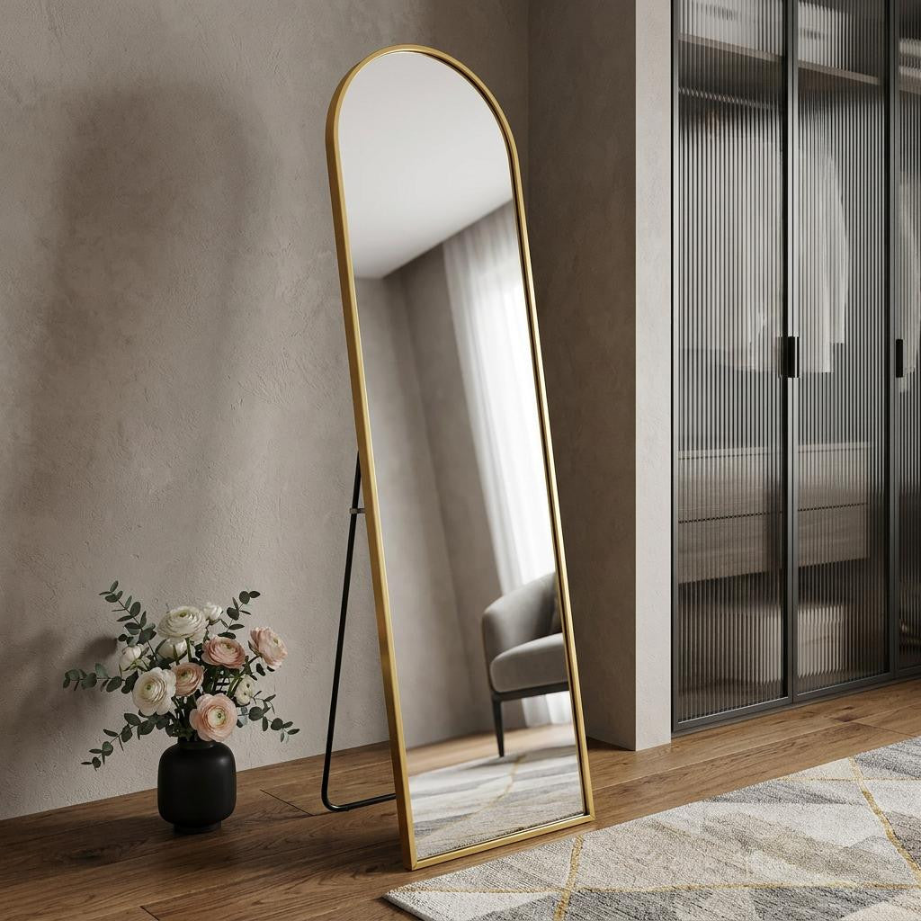 66" Gold Aluminum Arch Wall Mounted And Freestanding Framed Full Length Mirror