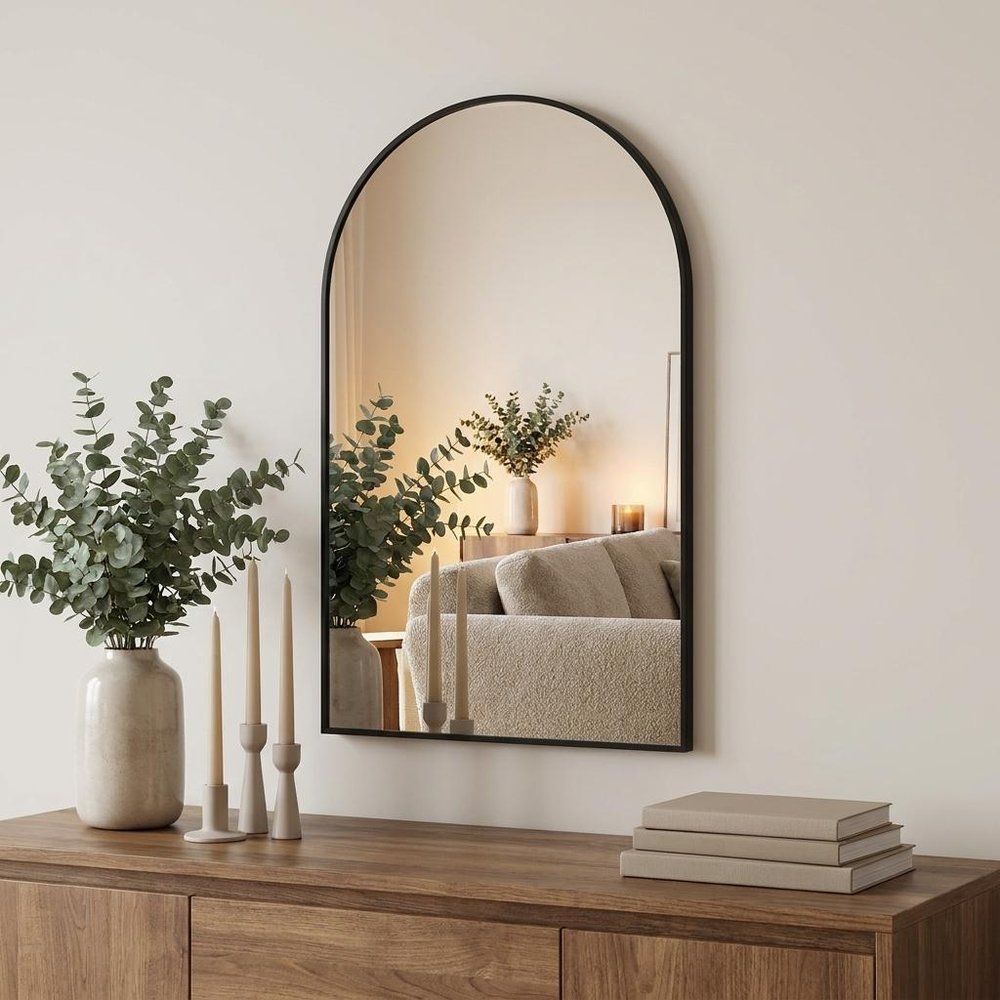 30" Black Aluminum Arch Framed Anti Fog Accent Mirror
