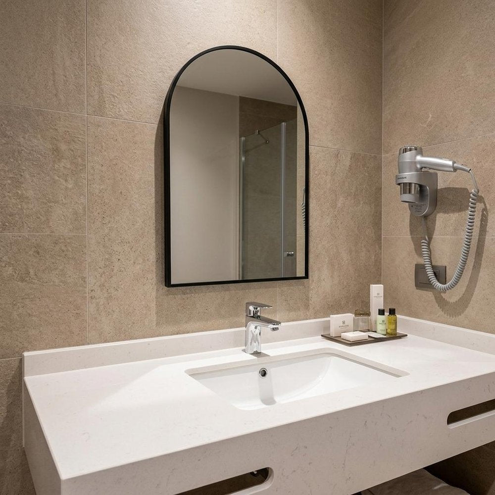 30" Black Aluminum Arch Framed Anti Fog Accent Mirror