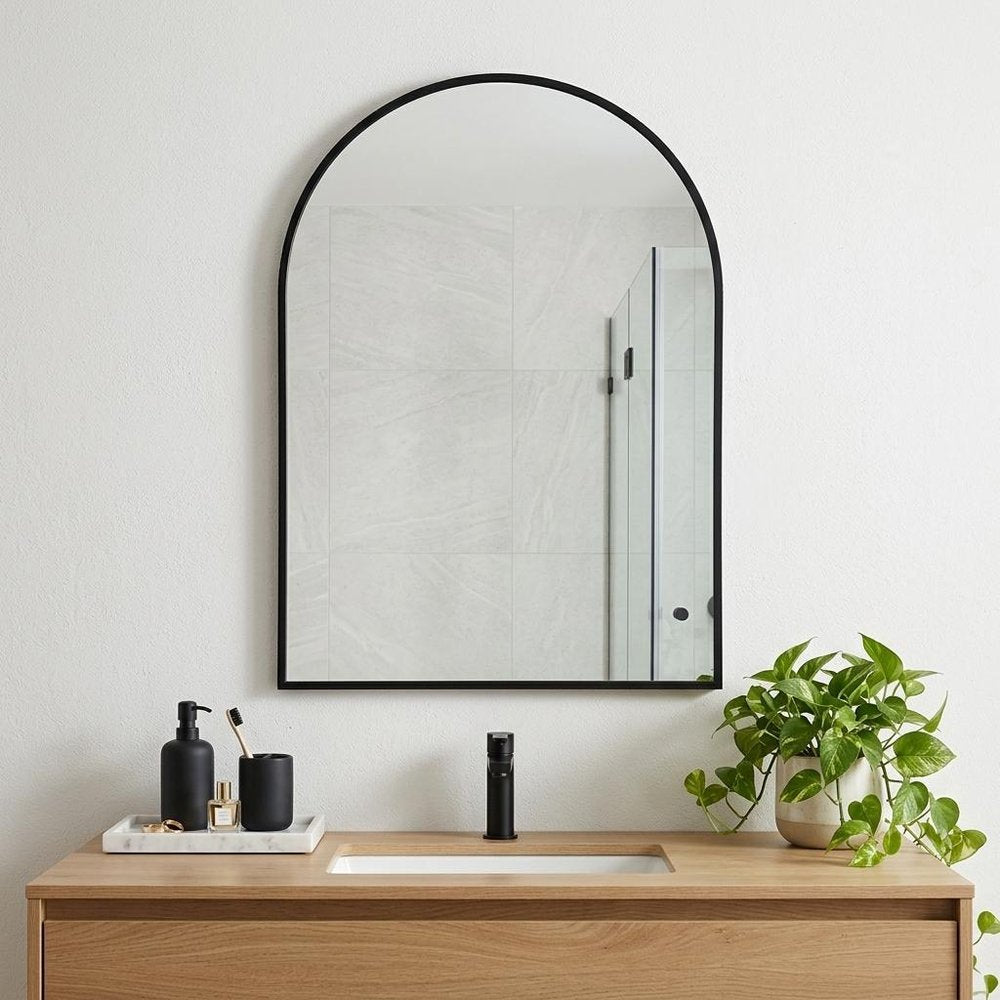 38" Black Aluminum Arch Framed Anti Fog Accent Mirror