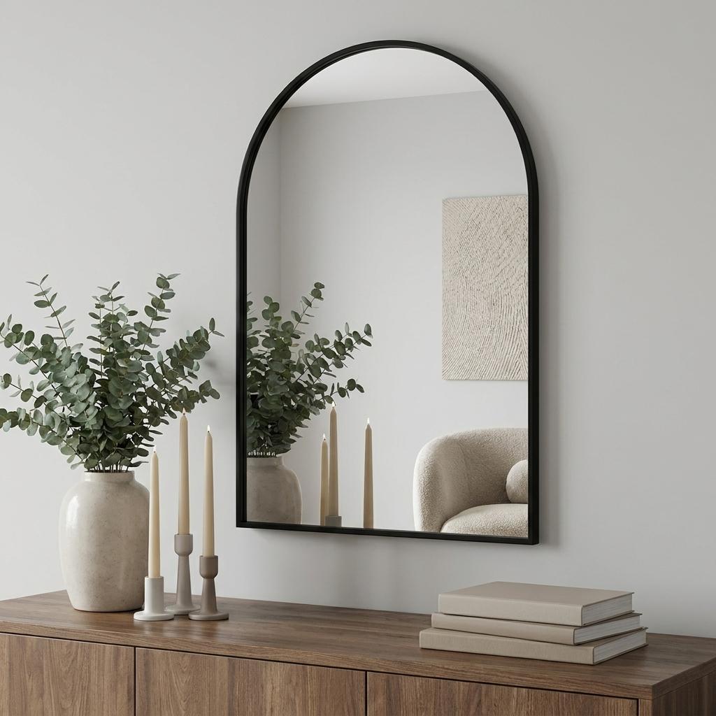38" Black Aluminum Arch Framed Anti Fog Accent Mirror