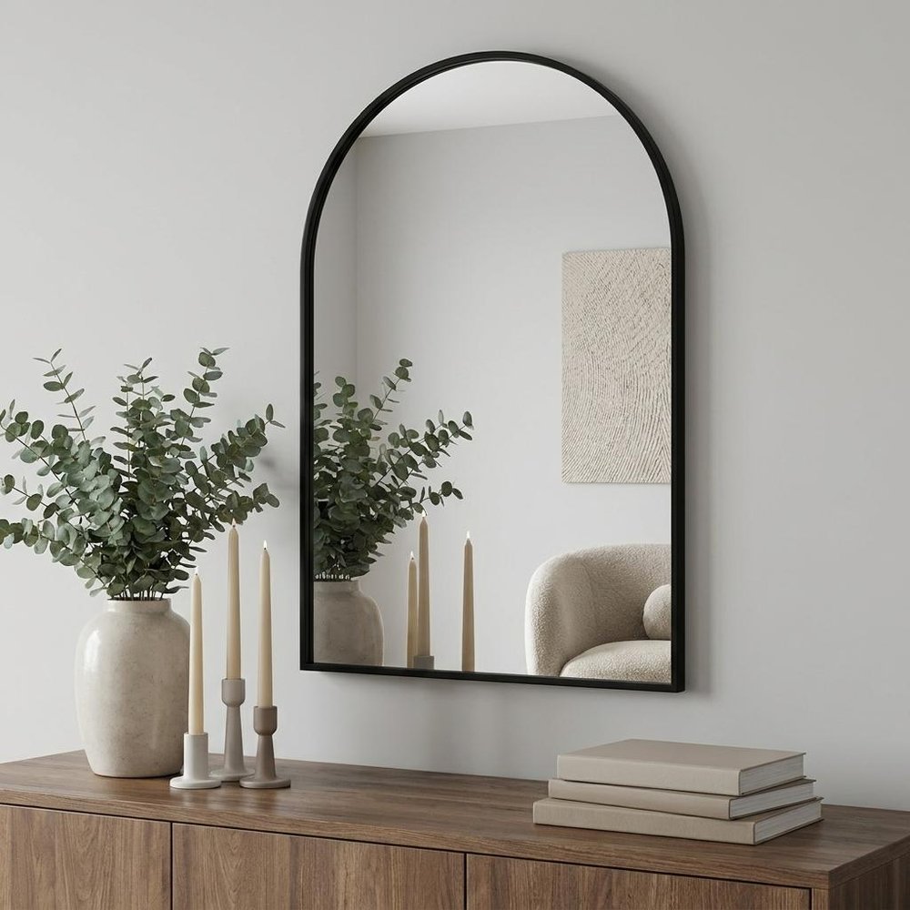 38" Black Aluminum Arch Framed Anti Fog Accent Mirror
