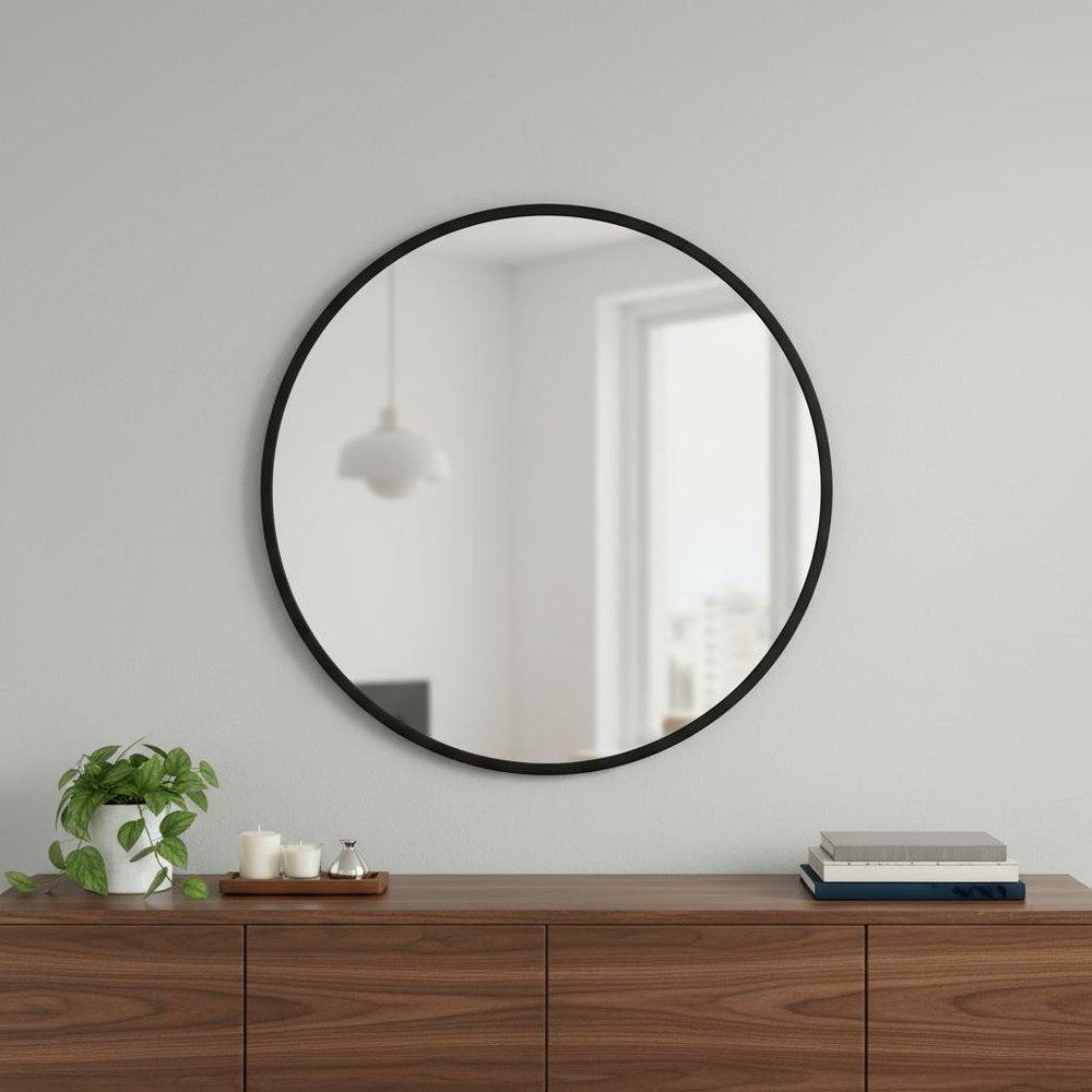30" Black Aluminum Round Framed Accent Mirror