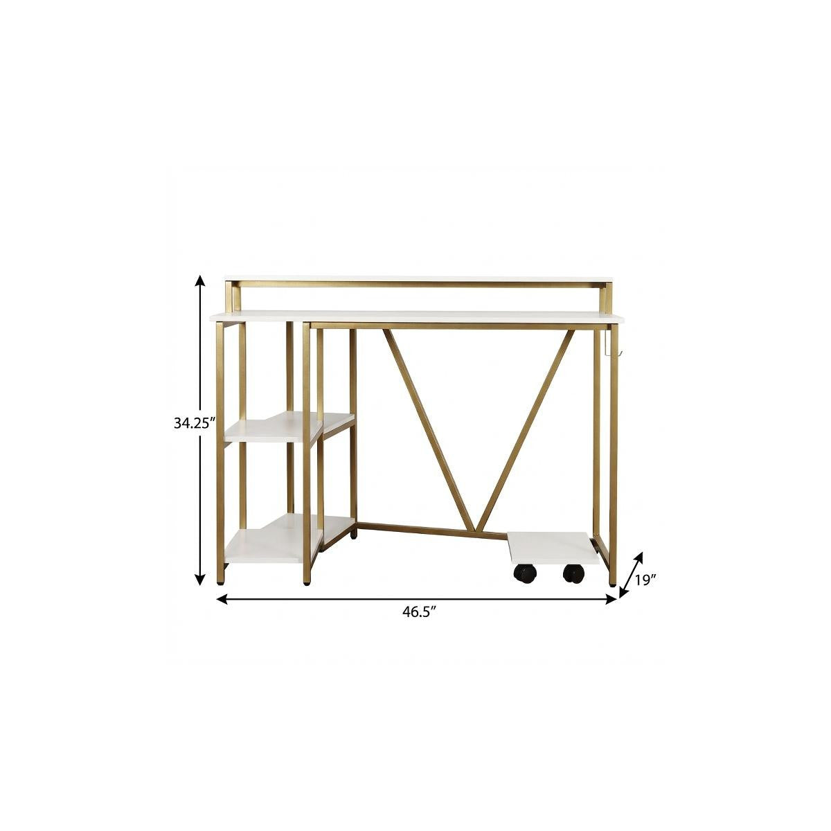 47" White and Gold Wood and Steel Pedestal Computer Desk