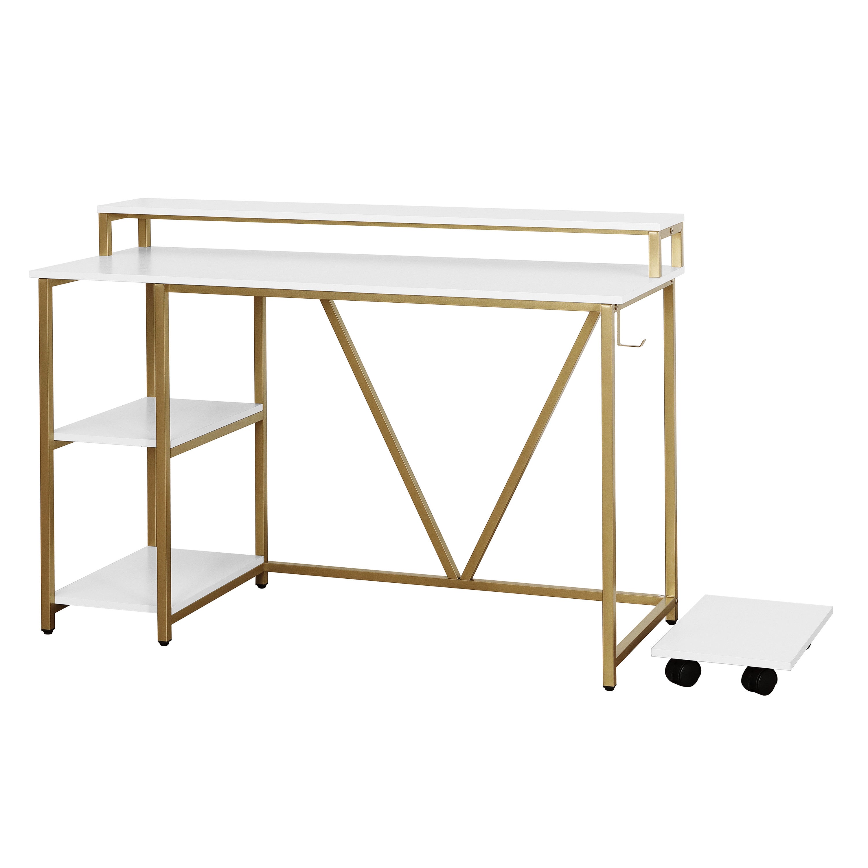 47" White and Gold Wood and Steel Pedestal Computer Desk