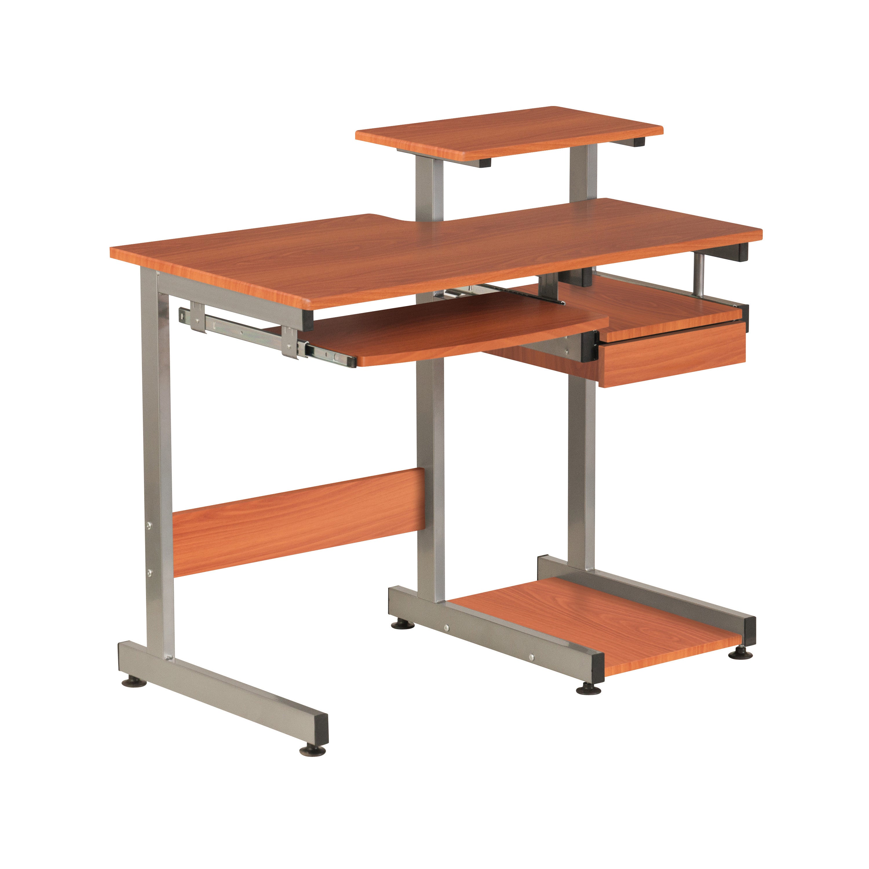 38" Oak and Silver Wood and Steel Sled Computer Desk