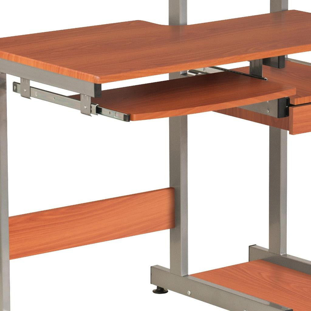 38" Oak and Silver Wood and Steel Sled Computer Desk