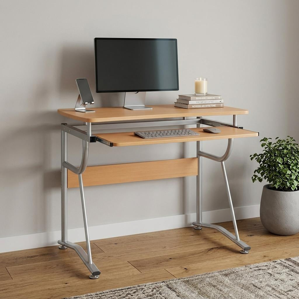 43" Oak and Silver Wood and Steel Computer Desk