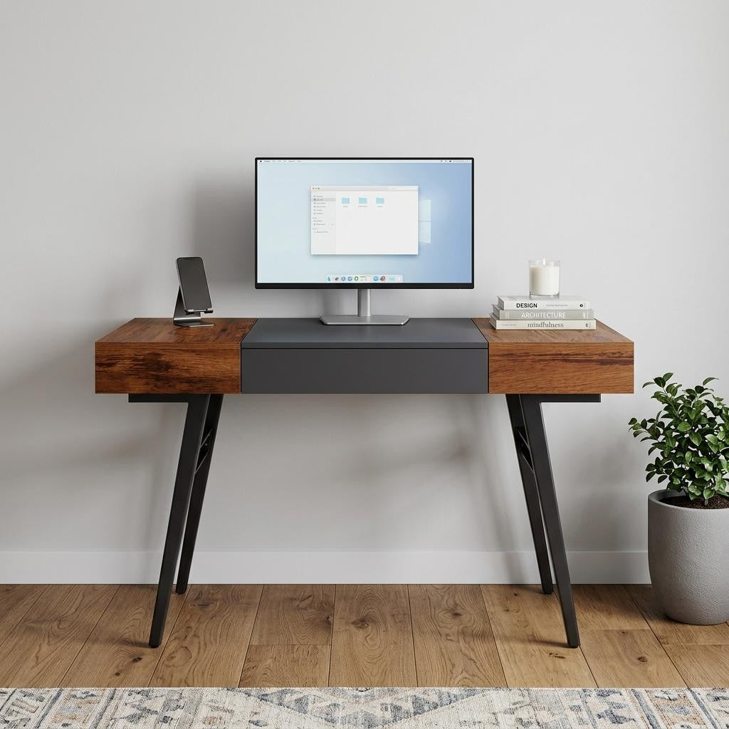 51" Mahogany and Gray Wood and Steel Writing Desk