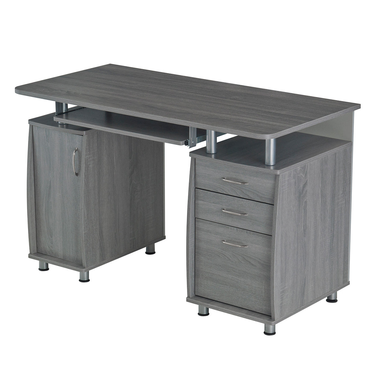 48" Gray Wood Pedestal Computer Desk With Two Cabinets And Two Drawers