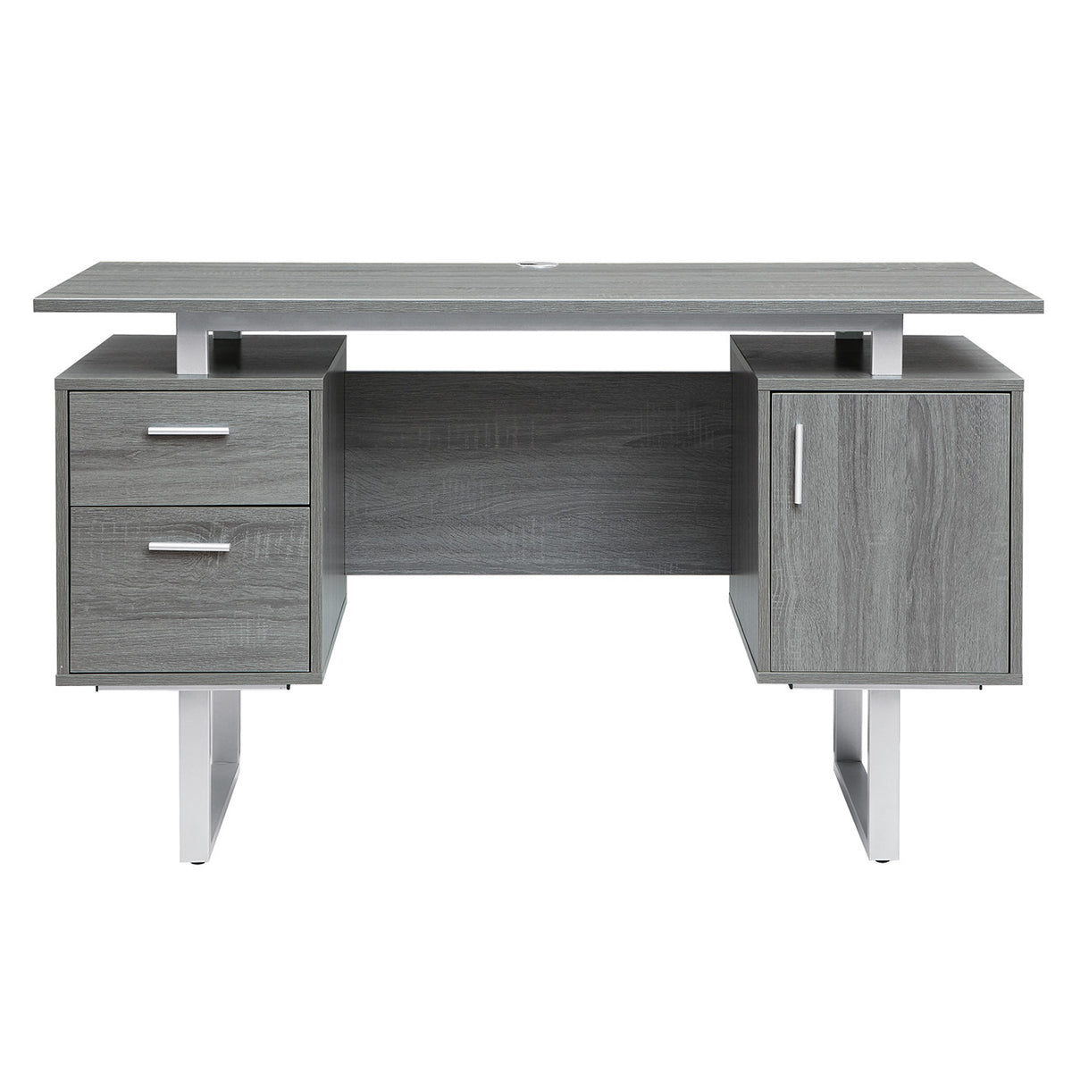 51" Gray and Silver Wood and Steel Pedestal Executive Desk With Two Drawers