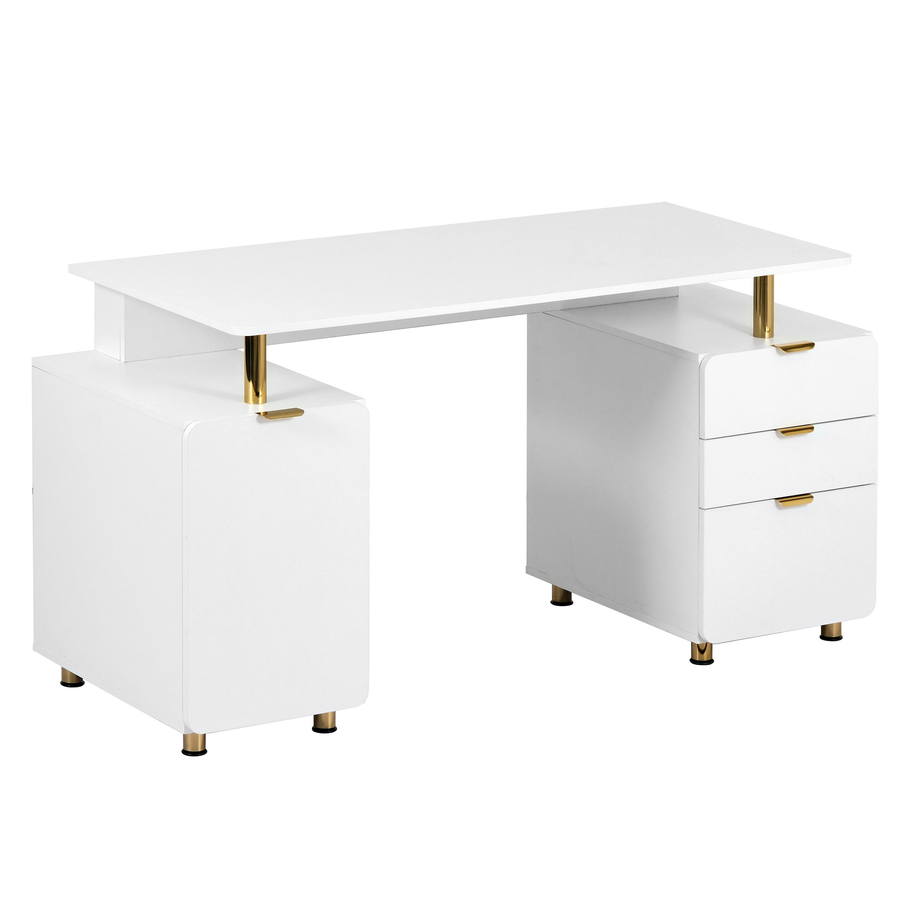57" White and Gold Wood and Stainless Steel Pedestal Executive Desk With Three Drawers