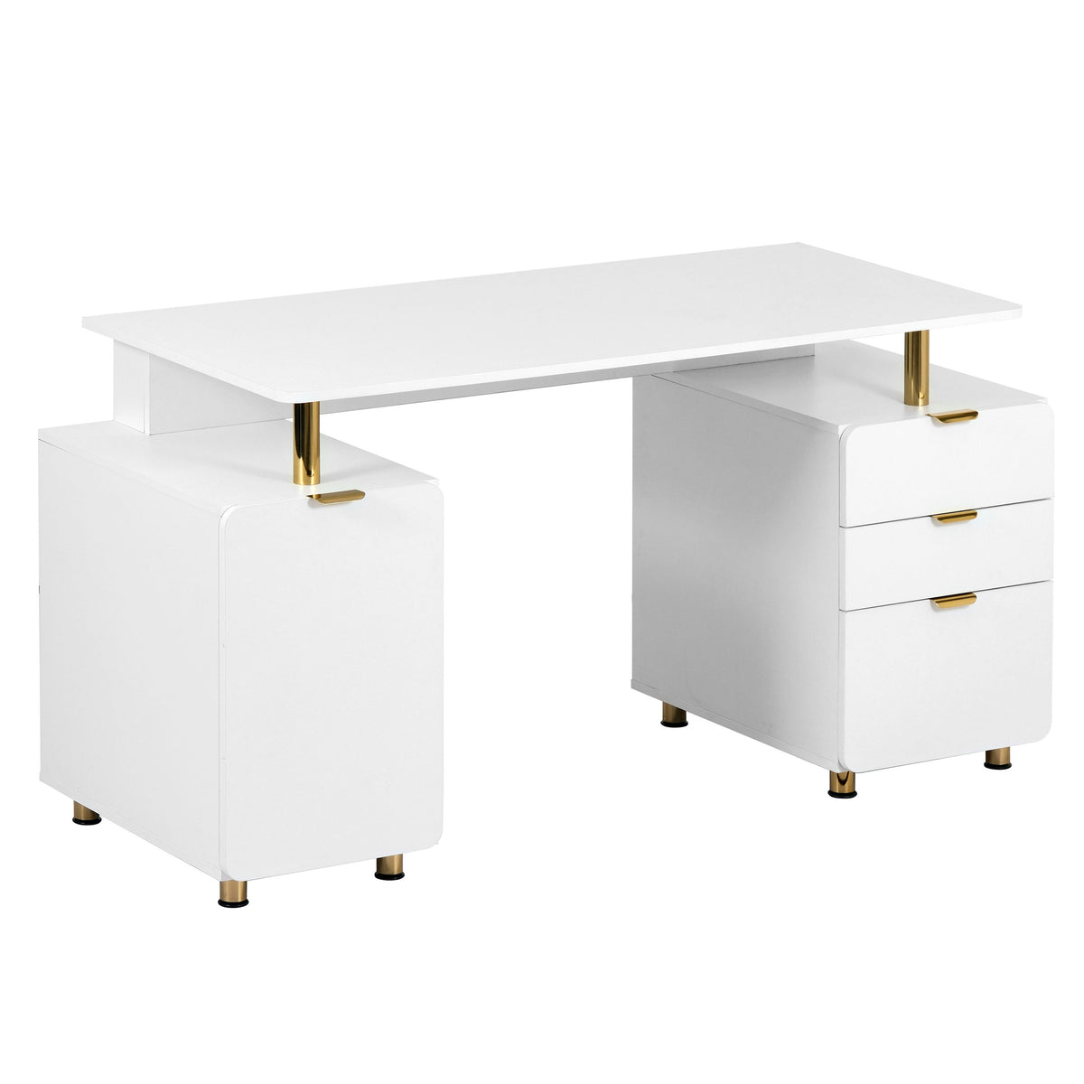 57" White and Gold Wood and Stainless Steel Pedestal Executive Desk With Three Drawers
