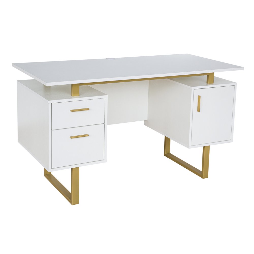 51" Gray and Silver Wood and Steel Pedestal Executive Desk With Two Drawers