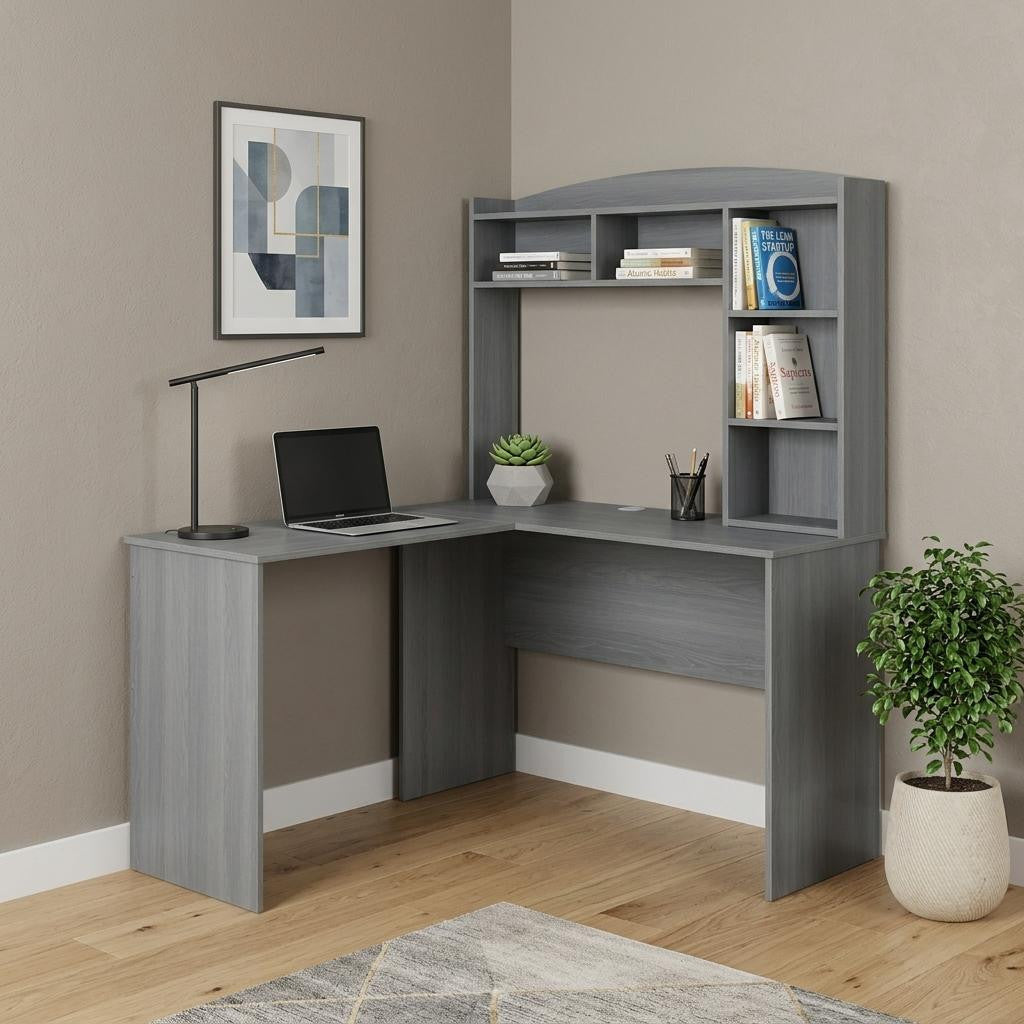 49" Gray Wood L Shape Computer Desk With Hutch