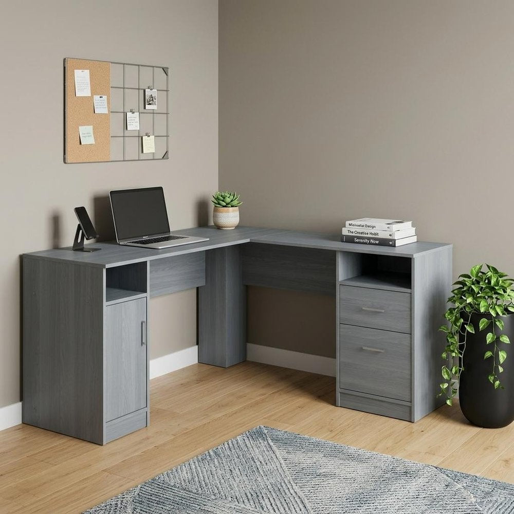 60" Gray Wood L Shape Computer Desk With Two Drawers