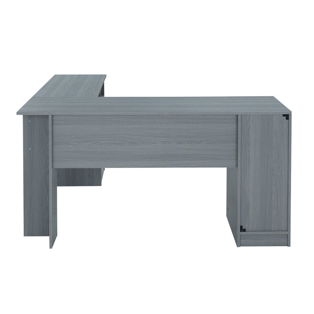 60" Gray Wood L Shape Computer Desk With Two Drawers