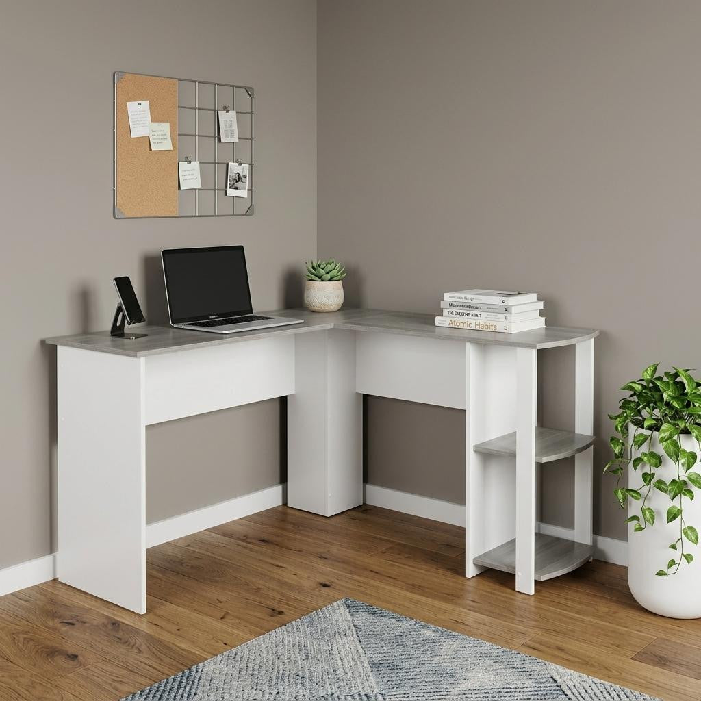 54" White And Gray Wood L Shape Computer Desk
