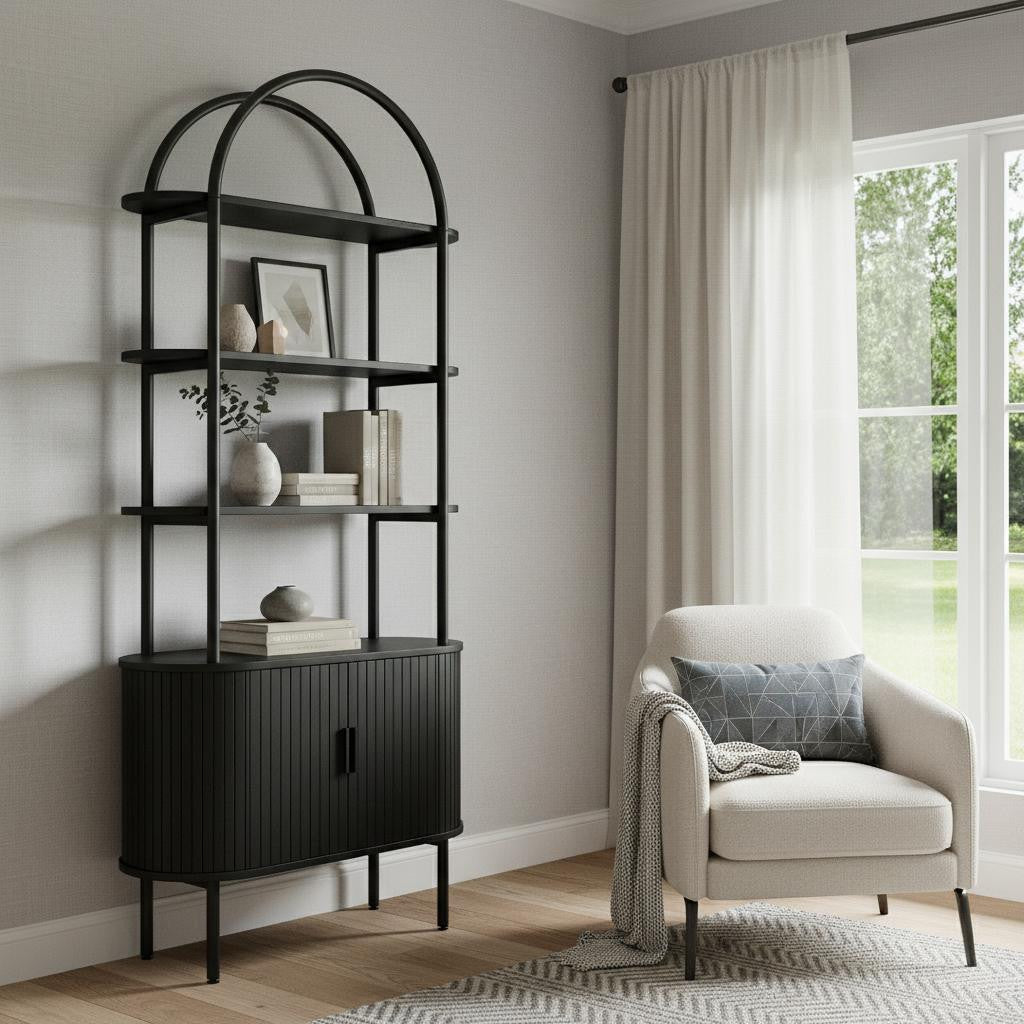 71" Black Wood Four Tier Arched Etagere Bookcase with Two Doors