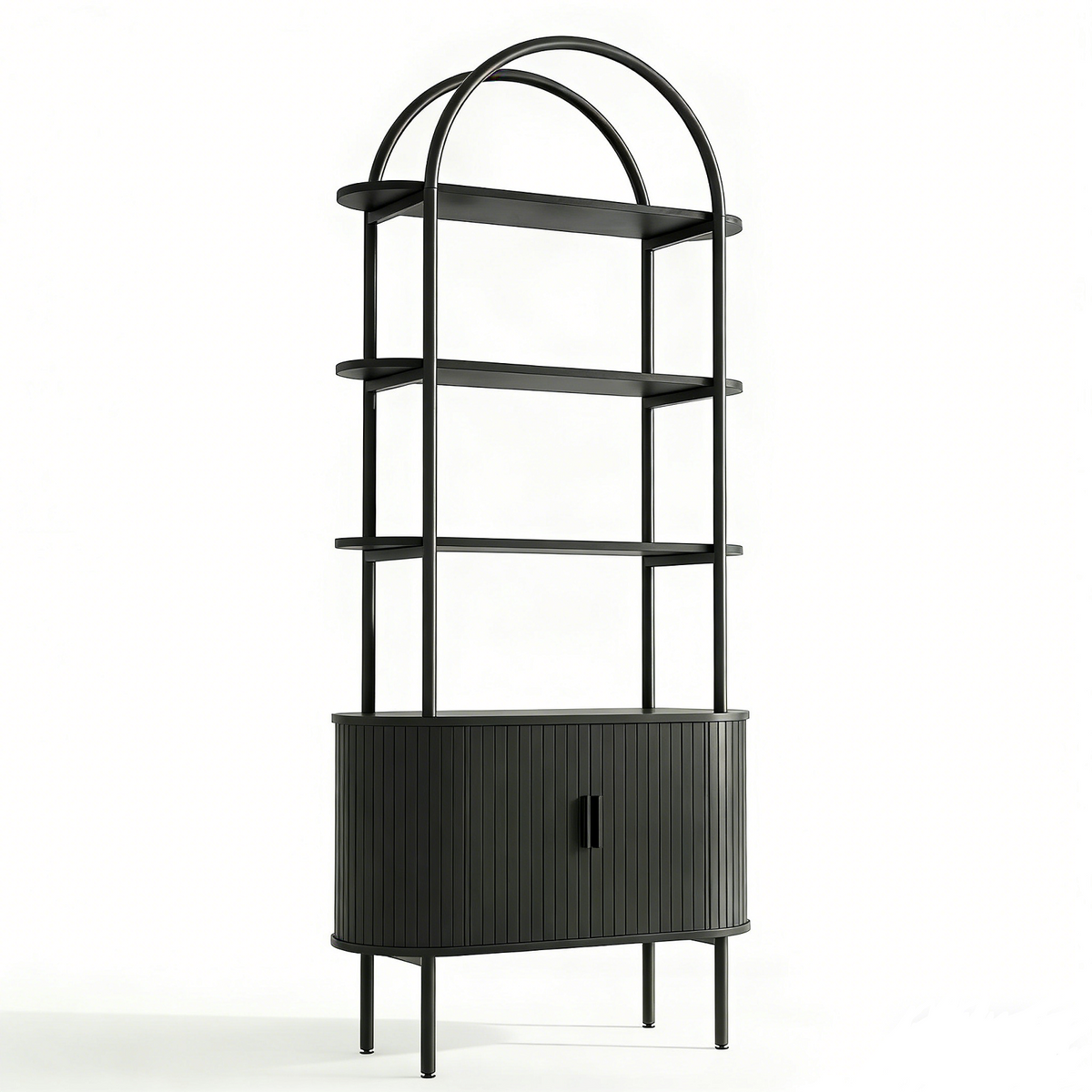 71" Black Wood Four Tier Arched Etagere Bookcase with Two Doors