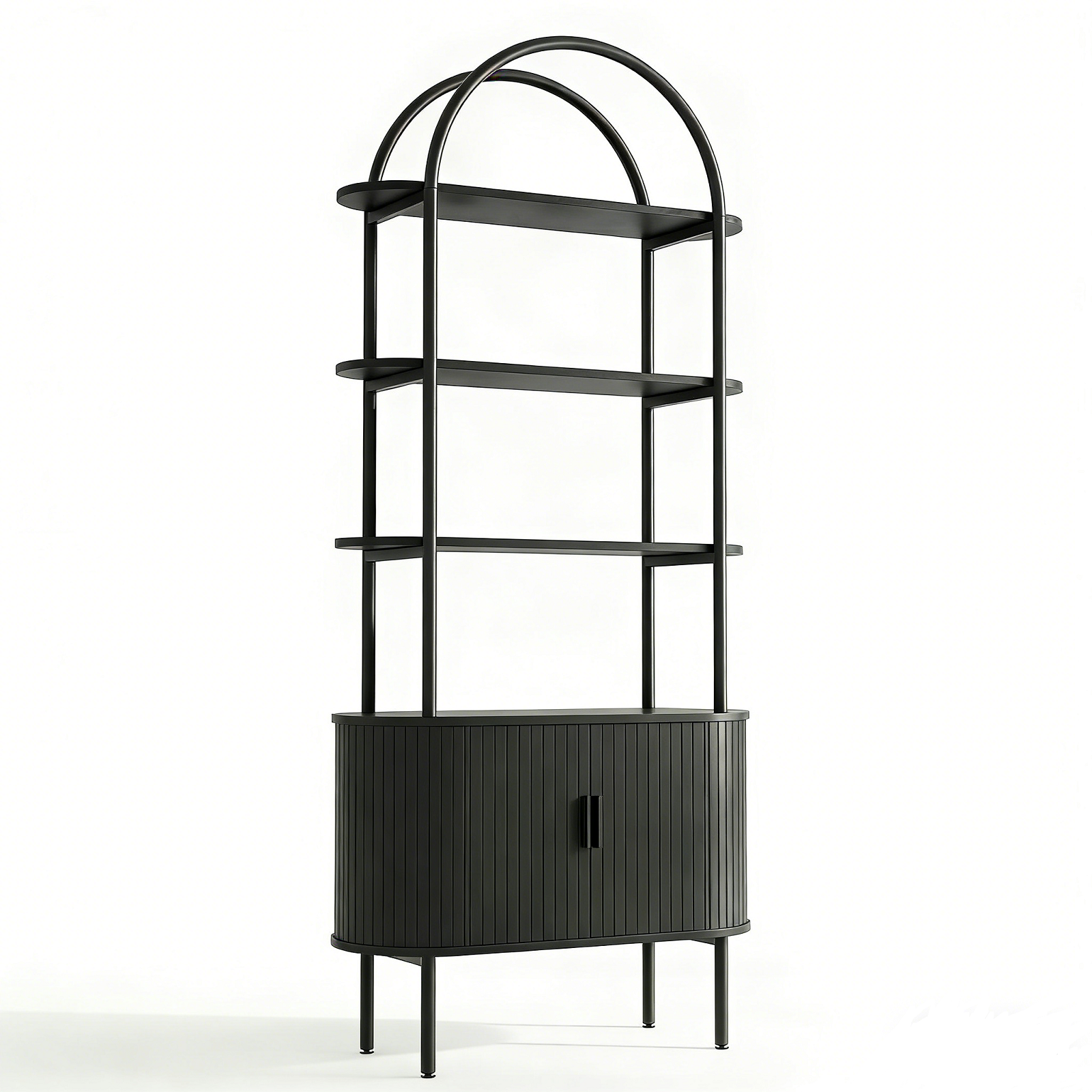 71" Black Wood Four Tier Arched Etagere Bookcase with Two Doors