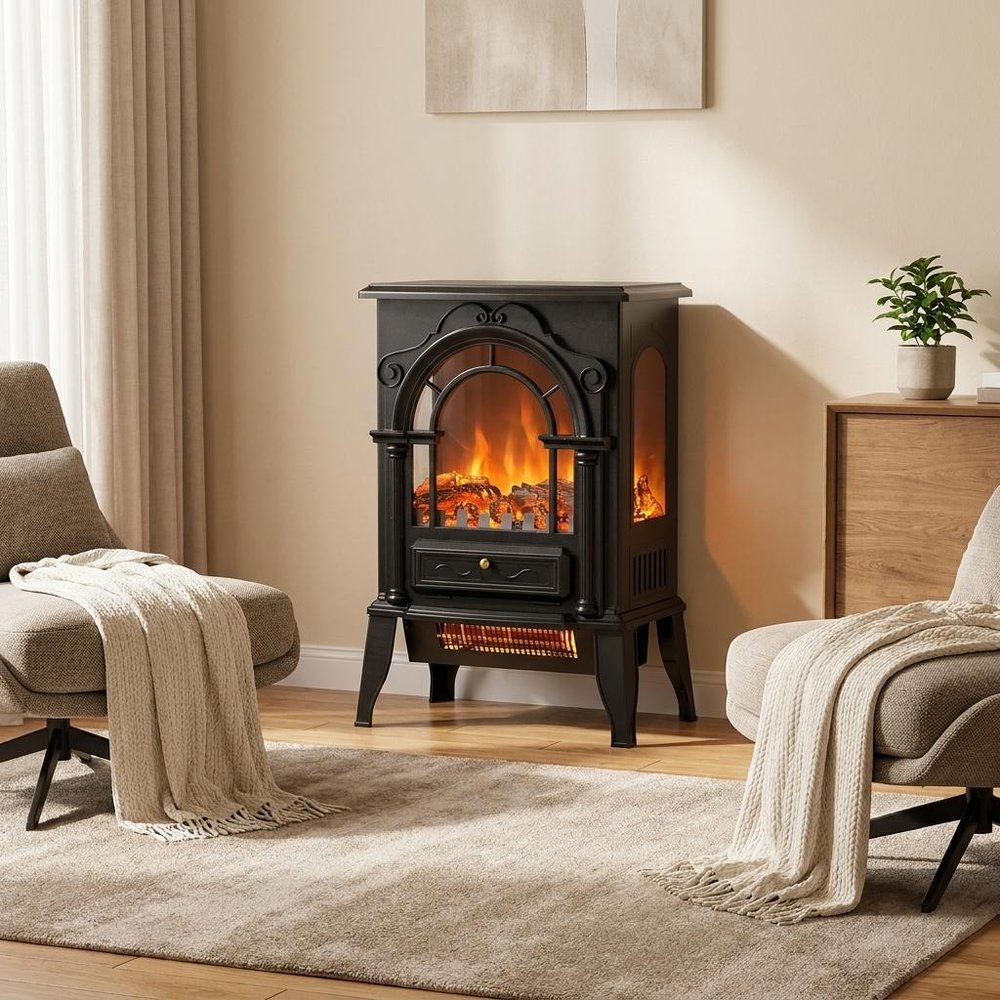 15" Black Ornate Carved Scrollwork Metal And Glass With Storage Electric Fireplace With Mantle