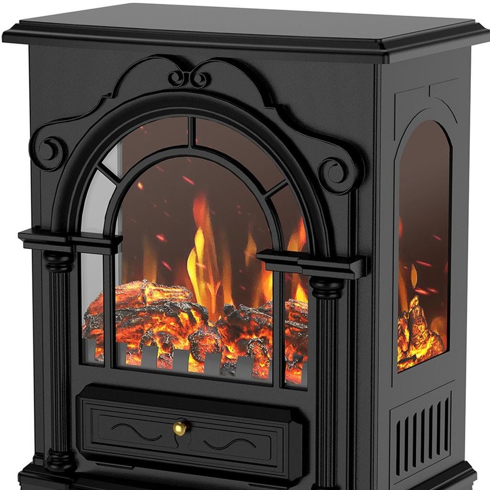15" Black Ornate Carved Scrollwork Metal And Glass With Storage Electric Fireplace With Mantle