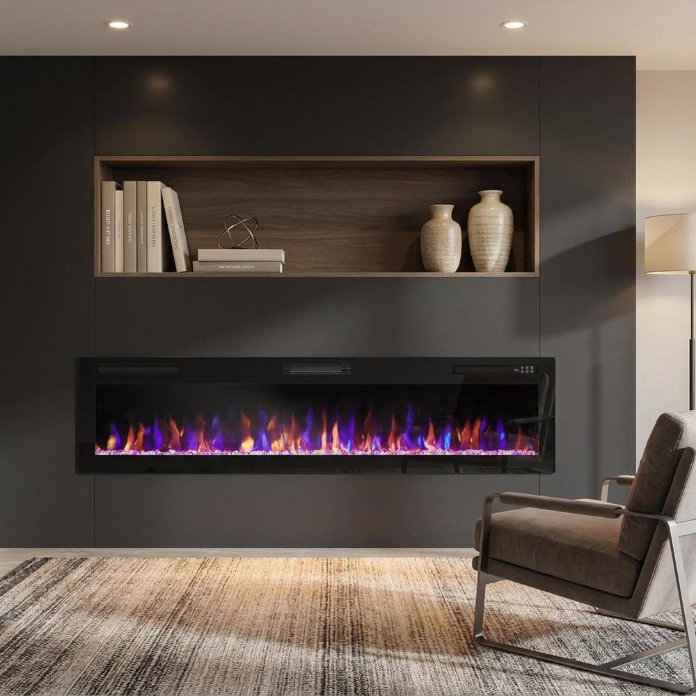72" Black Faux Crystals Metal Electric Fireplace